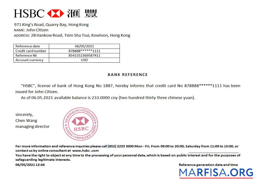 Realistic Hong Kong HSBC reference example